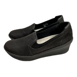Clarks Cloudsteppers Black Leather Wedge Slip Ons Comfort Shoes | 8.5M
